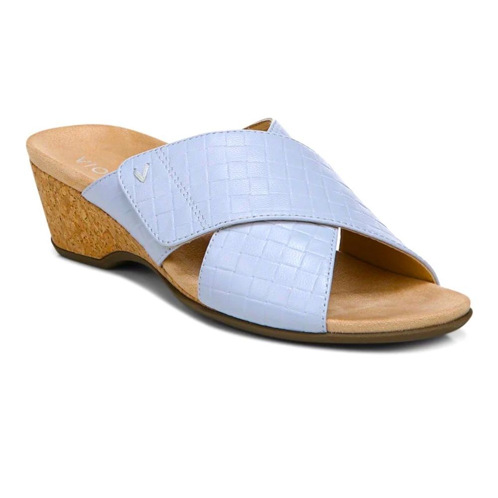 Vionic Women’s Paradise Letica Blue Leather Embossed  Wedge Sandals Slides 7.5
